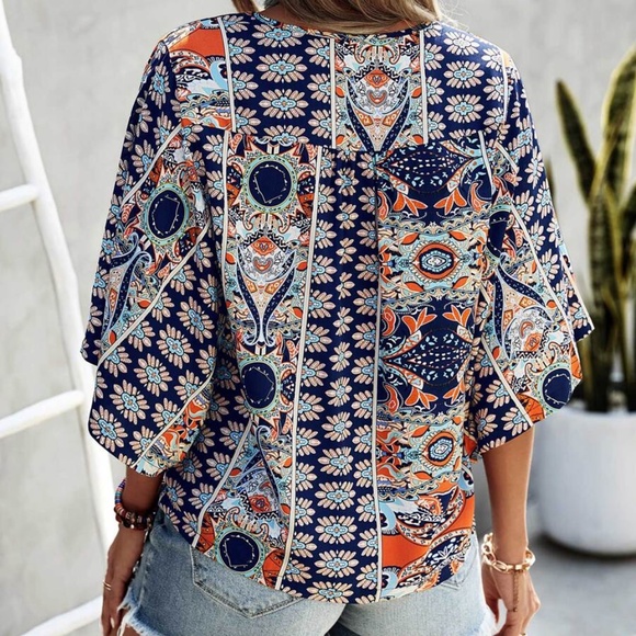 Boho Floral Print Kimono Sleeve Oversized Top - Picture 3 of 8